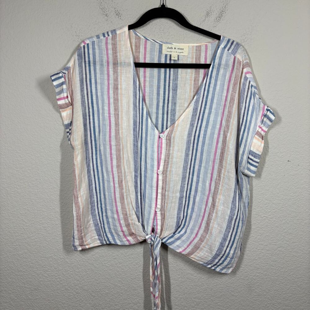 Cloth & Stone Size Large Tie Front Vertical Stripe Linen Blend Top White V Neck